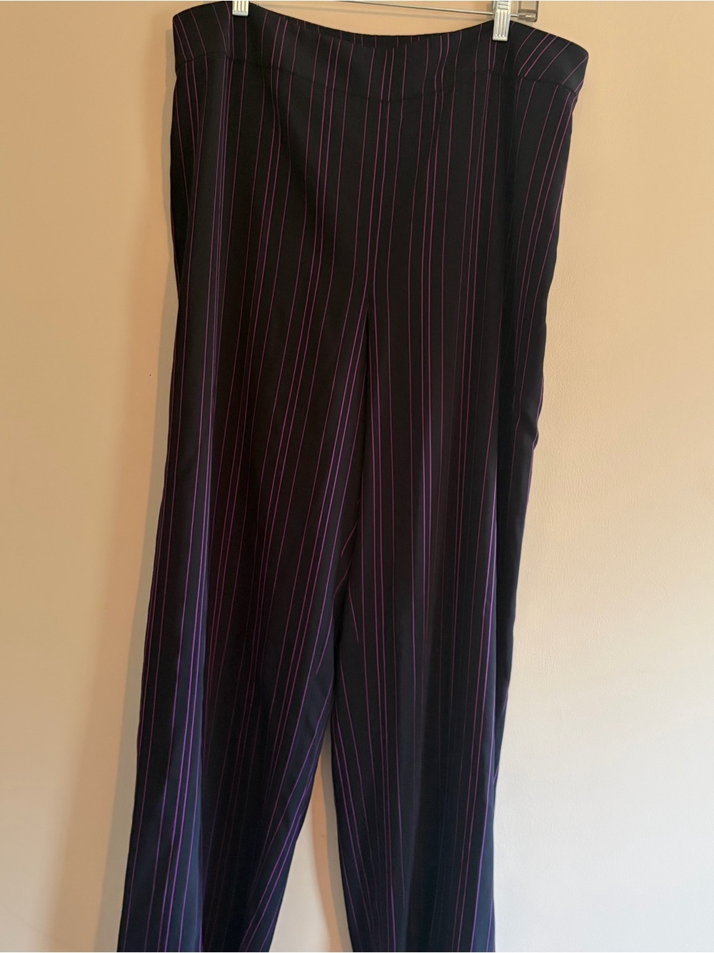 Black Pinstripe Wide-Leg Pants with Pink Stripes